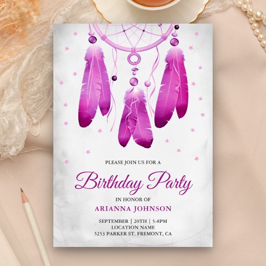 Invitation Fête d'anniversaire Attrape-rêves Violet Bohème Ru