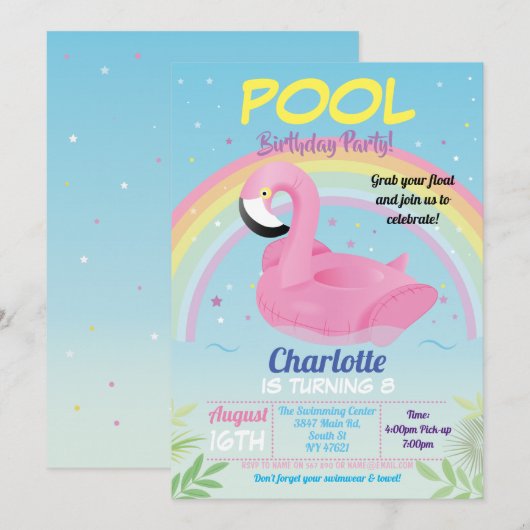 Invitation Fête d'anniversaire au bassin aux flamants rose av (Devant / Derrière)