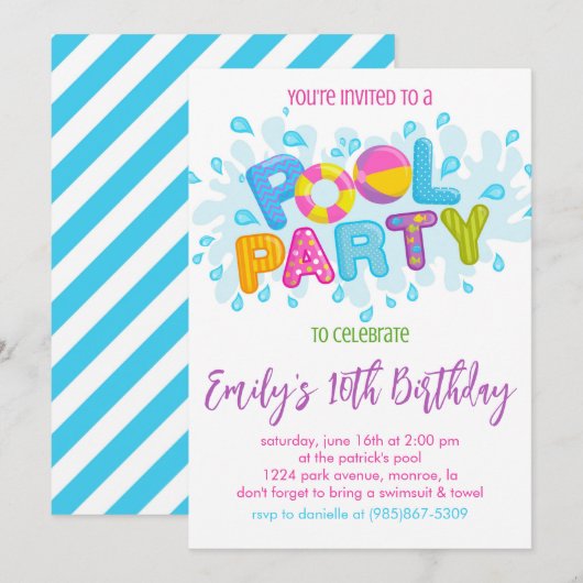 Invitation Fête d'anniversaire au bord de la piscine (Devant / Derrière)