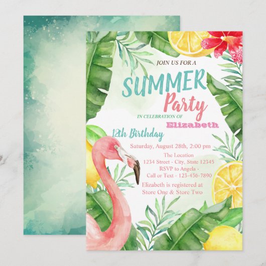 Invitation Fête d'anniversaire au bord de la piscine aux flam (Devant / Derrière)