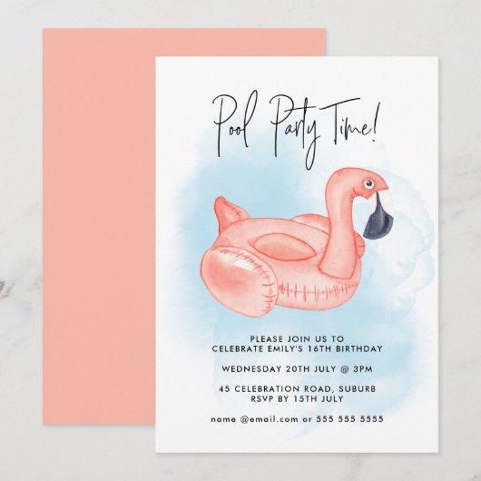 Invitation Fête d'anniversaire au bord de la piscine l'été Fl (Devant / Derrière)