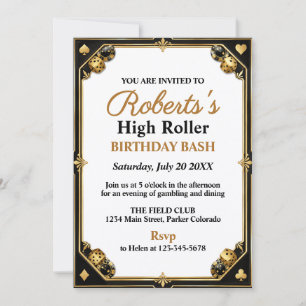 Invitation Fête d'anniversaire au casino noir et or Soirée Ve