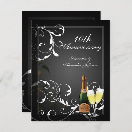 Invitation Fête d'anniversaire au champagne argenté noir et b (Devant / Derrière)