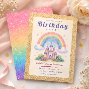 Invitation Fête d'anniversaire au château arc-en-ciel magique