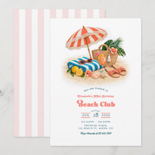 Invitation Fête d'anniversaire au club de plage rétro rose co