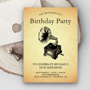 Invitation Fête d'anniversaire au gramophone vintage