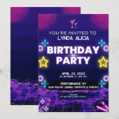 Invitation Fête d'anniversaire au néon violet (Devant / Derrière)