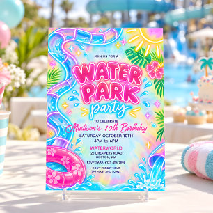 Invitation Fête d'anniversaire au parc aquatique rose néon
