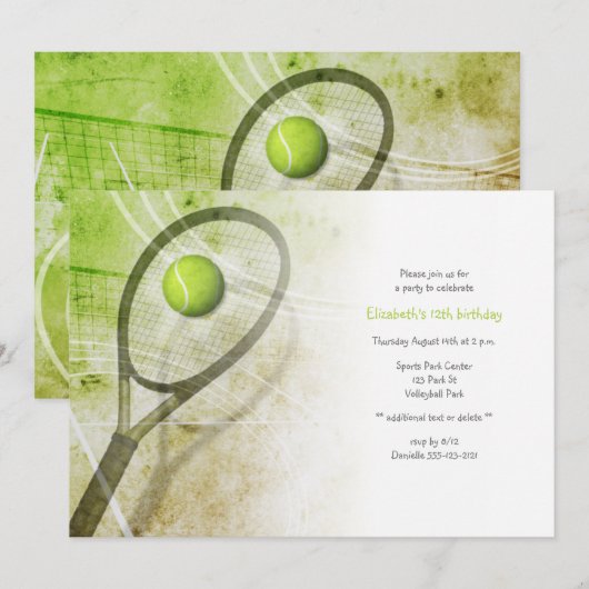 Invitation Fête d'anniversaire au tennis de la fille (Devant / Derrière)