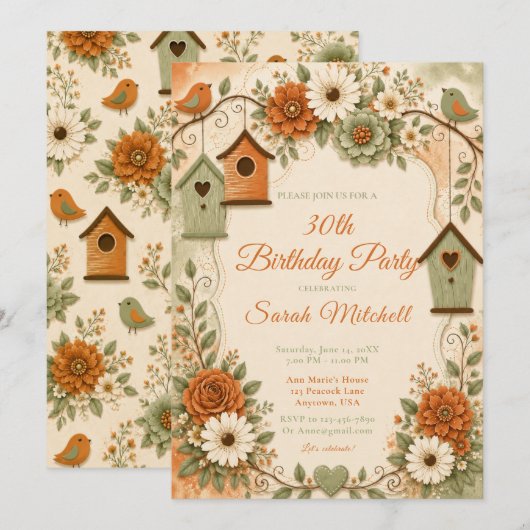 Invitation Fête d'anniversaire automnale orange brûlé et vert (Devant / Derrière)