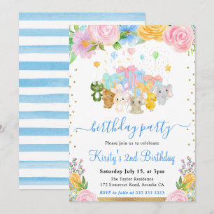 Invitation Fête d'anniversaire aux amis animaux floraux à l'a