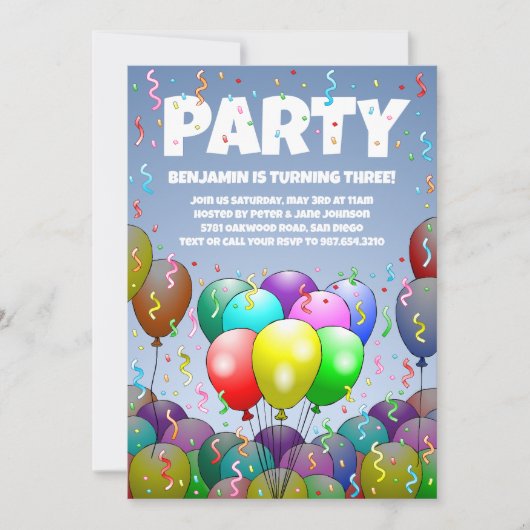 Invitation Fête d'anniversaire aux ballons (Devant)