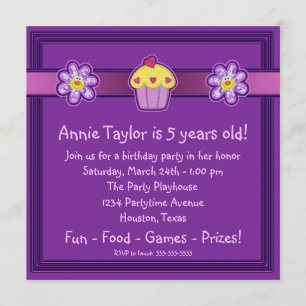 Invitation Fête d'anniversaire aux cupcakes violets pour fill