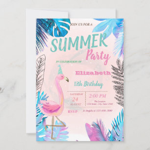 Invitation Fête d'anniversaire aux flamants roses mignons et