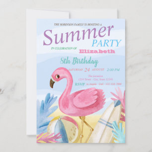 Invitation Fête d'anniversaire aux flamants roses sur la plag