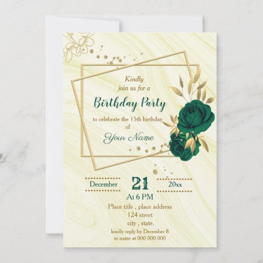 Invitation fête d'anniversaire aux fleurs d'or vert émeraude (Devant)
