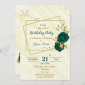 Invitation fête d'anniversaire aux fleurs d'or vert émeraude (Devant / Derrière)