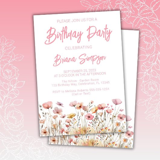 Invitation Fête d'anniversaire aux fleurs roses