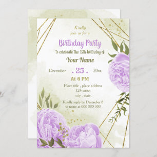 Invitation fête d'anniversaire aux fleurs violettes