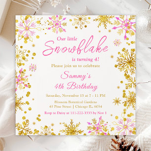 Invitation Fête d'anniversaire aux flocons de neige rose et o