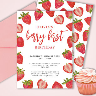 Invitation Fête d'anniversaire aux fraises Berry First pour f