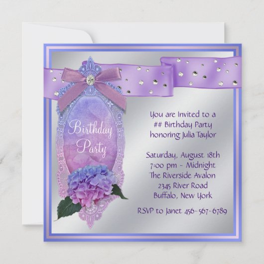 Invitation Fête d'anniversaire aux hortensias rose violet ble (Devant)