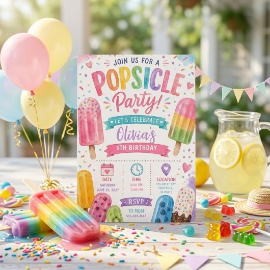 Invitation Fête d'anniversaire aux Popsicle Colorée d'été