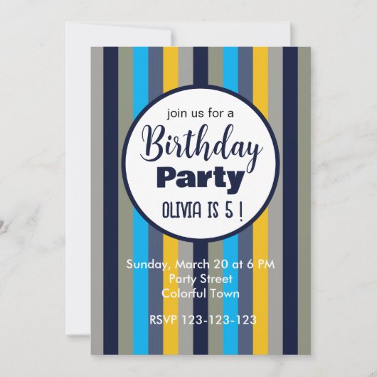 Invitation Fête d'anniversaire aux rayures colorées (Devant)