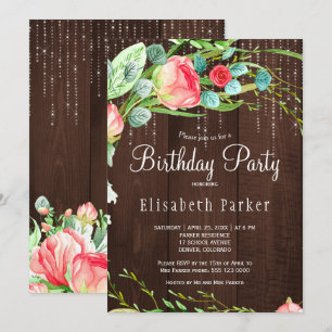 Invitation Fête d'anniversaire aux roses de jardin rose rusti