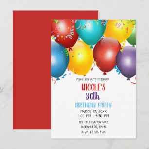 Invitation Fête d'anniversaire avec ballons colorés et confet