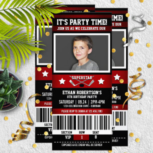 Invitation Fête d'anniversaire avec billet de hockey rouge/no