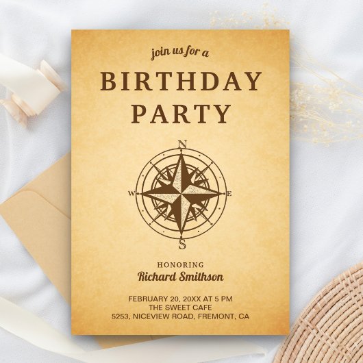 Invitation Fête d'anniversaire avec compas rustique vintage