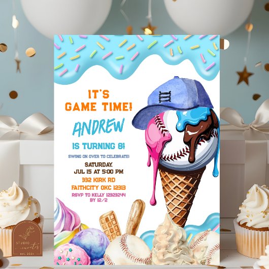 Invitation Fête d'anniversaire avec crème glacée baseball qui