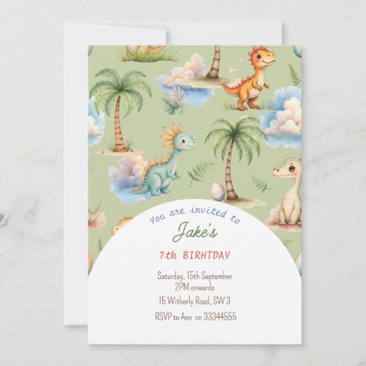 Invitation Fête d'anniversaire avec de mignons dinosaures (Devant)