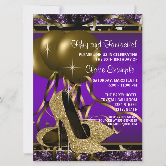 Invitation Fête d'anniversaire avec des talons hauts violets (Devant)