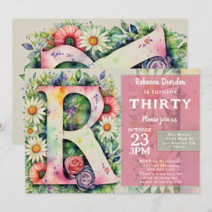 Invitation Fête d'anniversaire avec fleurs aquarelles et mono