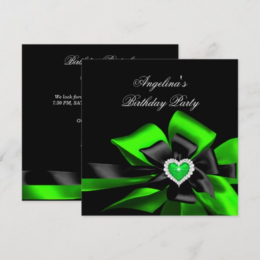 Invitation Fête d'anniversaire avec image de cœur vert citron (Devant / Derrière)