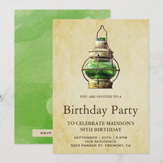 Invitation Fête d'anniversaire avec lanterne verte rustique v (Devant / Derrière)
