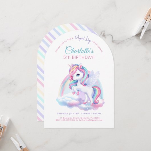 Invitation fête d'anniversaire avec licorne. (Devant/Arrière en situation)