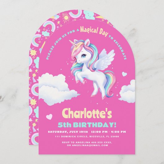 Invitation fête d'anniversaire avec licorne. (Devant / Derrière)