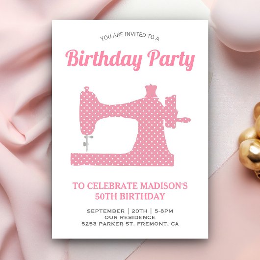Invitation Fête d'anniversaire avec machine à coudre rose