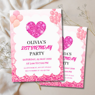 Invitation Fête d'anniversaire avec paillettes roses et ballo