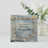 Invitation Fête d'anniversaire avec poche cousue en jean deni (Debout devant)