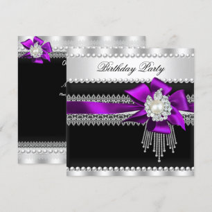 Invitation Fête d'anniversaire avec ruban violet et perle noi