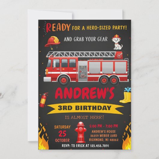 Invitation Fête d'anniversaire avec un camion de pompiers mod (Devant)