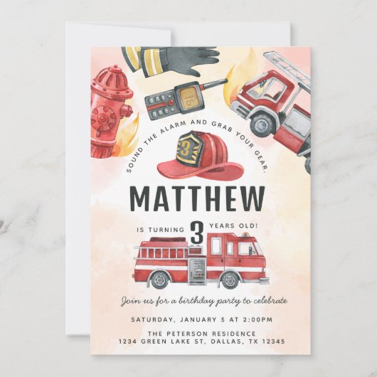 Invitation Fête d'anniversaire avec un camion de pompiers rou (Devant)