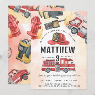 Invitation Fête d'anniversaire avec un camion de pompiers rou