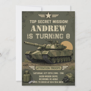 Invitation Fête d'anniversaire avec un char militaire de l'ar