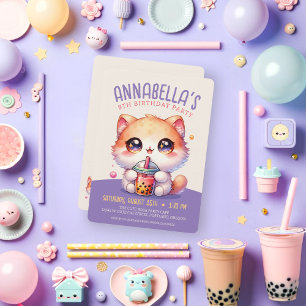 Invitation Fête d'anniversaire avec un chat buvant du thé aux