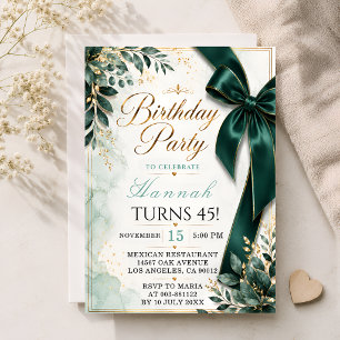 Invitation Fête d'anniversaire avec un élégant nœud vert émer